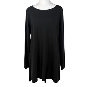 Eileen Fisher 100% Merino Wool Tunic Sweater Womens M Black Knit Round Neck